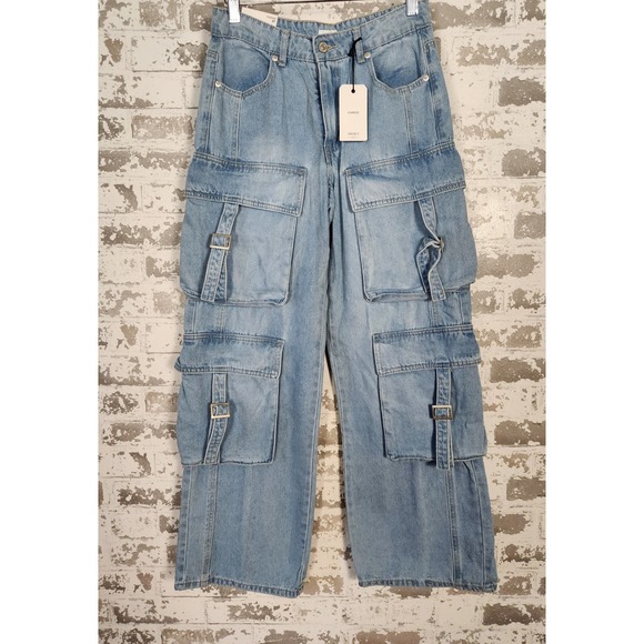 Forever 21 Bratz Premium Cargo Jeans Size 27 Relaxed Fit Straight Leg Light Wash - Picture 1 of 16